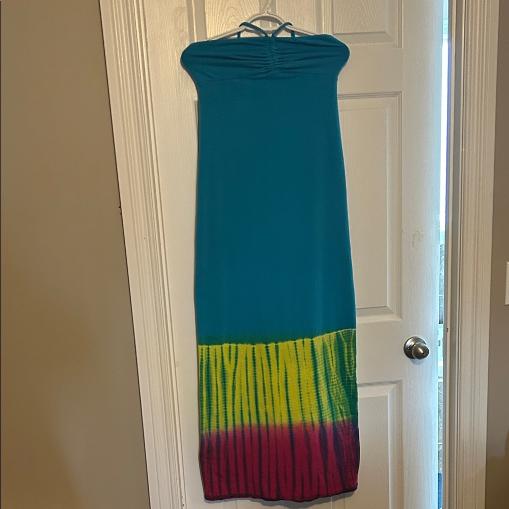 Roxy Strapless Dress in Blue, Yellow, and Pink